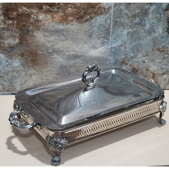 Silver Plated Rectangular Chafing Dish Glass Insert Decorative Scrollwork Accent - Picture 5 of 11